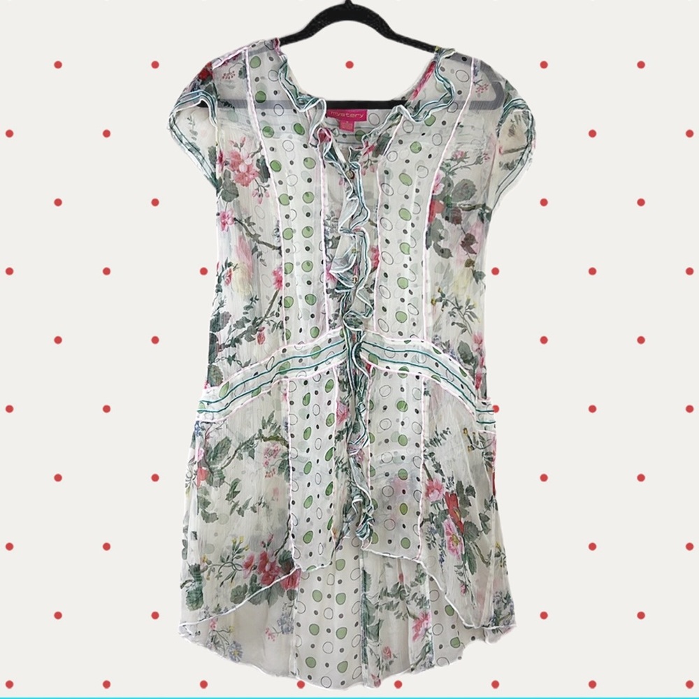 Vintage Mystery Dainty Floral Ruffles Acrylic Button Tunic Blouse Medium - Picture 3 of 8